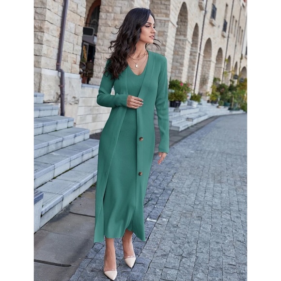 2 Piece Set: Knit Midi Pencil Dress and Long Cardigan Button Through Green - Picture 6 of 14